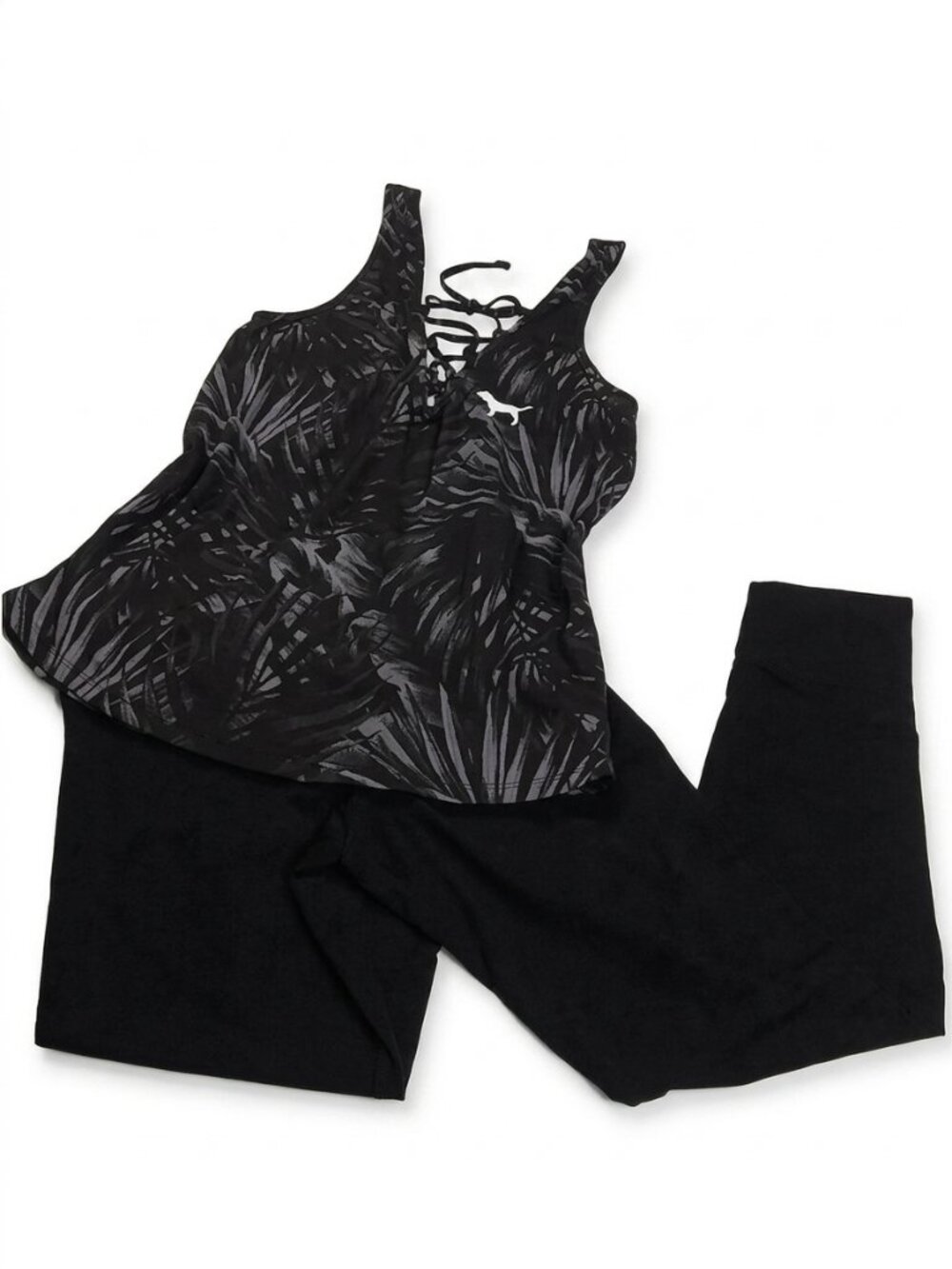 NWT VS PINK Black Palm Print Lace Up Tank & Leggings Lounge Set M